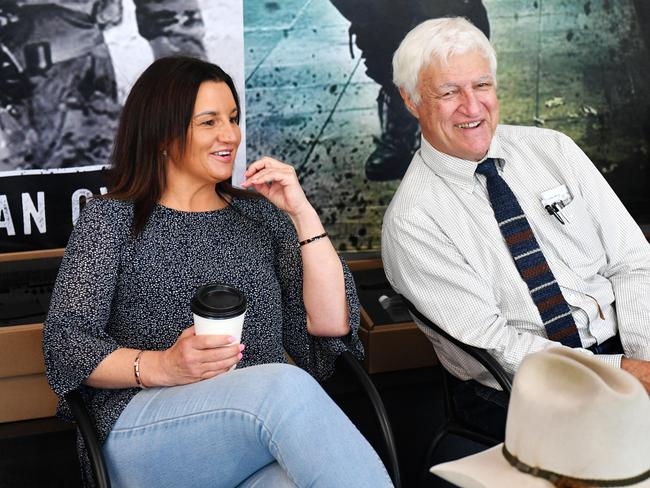 Senator Jacqui Lambie and Kennedy MP Bob Katter meet with veterans at Australian Warfighter Coffee. Picture: Alix Sweeney