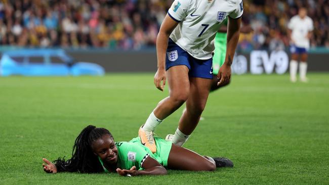 Michelle Alozie was clearly not impressed. (Photo by Elsa – FIFA/FIFA via Getty Images)