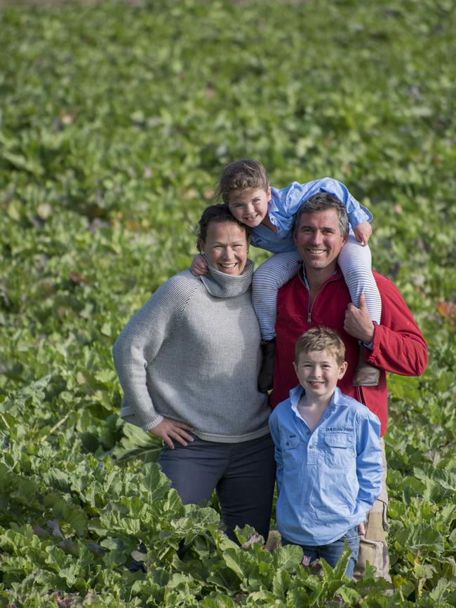 Green scene: Ben and Jane Young with their children, Archie, 8, and Hannah, 6, in the kale at Chiltern Park. Picture: Karla Northcott