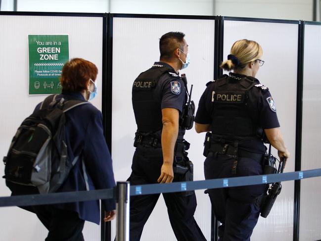 BRISBANE, AUSTRALIA - NewsWire Photos APRIL 30, 2021: General views of signage showing red and green zones at the Brisbane International arrivals hall. Picture: NCA NewsWire/Tertius Pickard