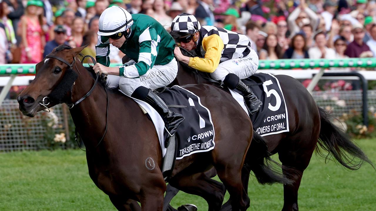 MELBOURNE, AUSTRALIA - NOVEMBER 07: Damian Lane rides #1 Treasurethe Moment to win race 8, the Crown Oaks during Oaks Day at Flemington Racecourse on November 07, 2024 in Melbourne, Australia. (Photo by Josh Chadwick/Getty Images)