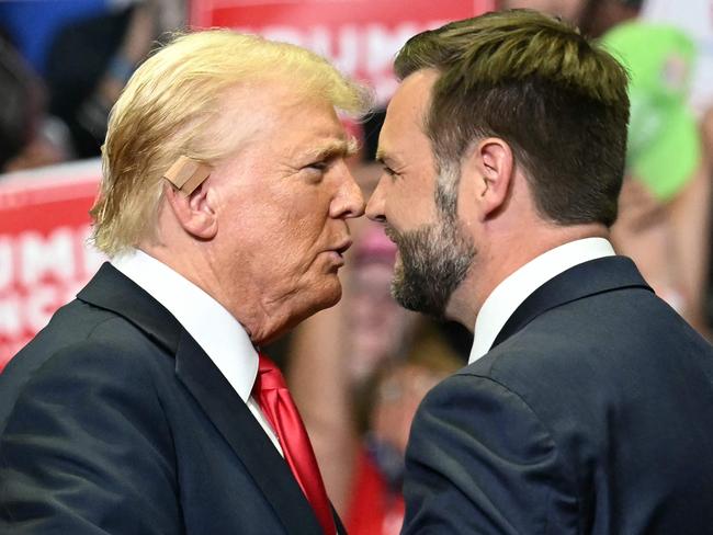 Donald Trump with vice presidential nominee J. Vance on July 20, 2024, just two days later, Mr Trump downgraded his bandage to something noticeably smaller. Picture: AFP