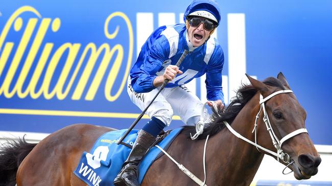 Hugh Bowman rides Winx to the line to win the William Hill Cox Plate. Cox Plate Race Day 2016 at Moonee Valley Racecourse. Picture: Nicole Garmston