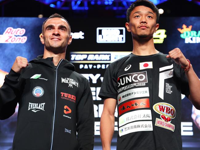 Andrew Moloney and Junto Nakatani pose during the undercard press conference prior to their May 20 WBO super flyweight championship fight at MGM Grand Hotel & Casino on May 18, 2023 in Las Vegas, Nevada. (Photo by Mikey Williams/Top Rank Inc via Getty Images)