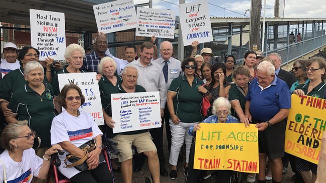 Blacktown State MP Stephen Bali with former Blacktown councillor Allan Green and frustrated residents at Doonside station in March. Picture: Kate Lockley.