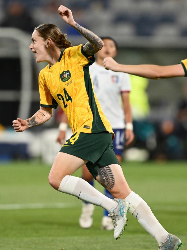 Sharn Freier of Australia celebrates scoring a goal during the International Friendly Match between the Australia Matildas and Chinese Taipei at GMHBA Stadium.