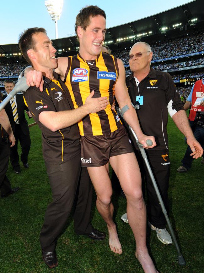 Trent Croad on crutches at the end of the 2008 Grand Final.