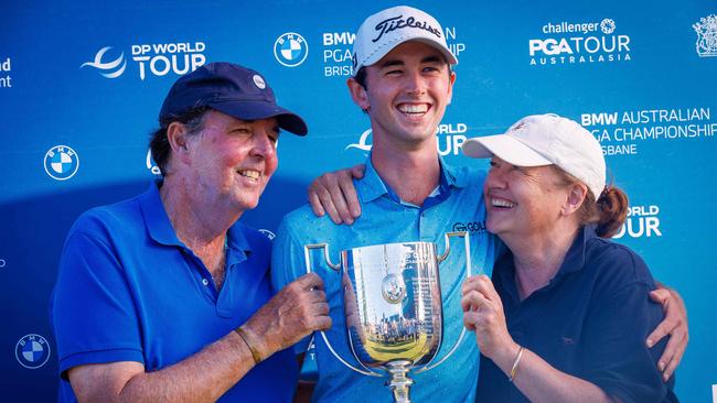 Elvis Smylie with parents Peter and Liz after winning the Australian PGA Championship at Royal Queensland on Sunday. Photo: AFP