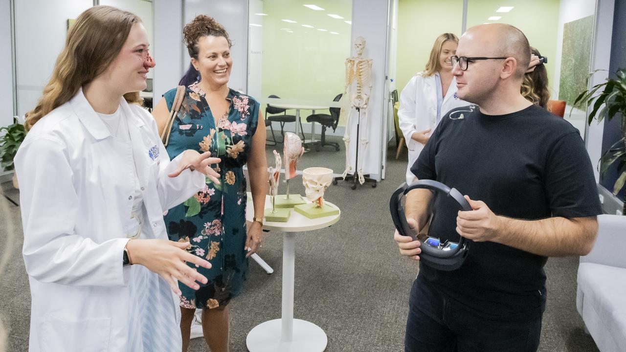 Sunrise weatherman Sam Mac with students at Bond University. Picture: Cavan Flynn/Bond University.