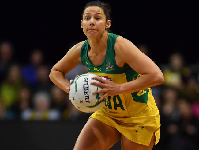 Madi Robinson of the Australian Diamonds in action during game 2 of the Constellation Cup netball test series between the Australian Diamonds and the New Zealand Silver Ferns at The Silverdome, in Launceston, Wednesday, Oct. 12, 2016. (AAP Image/Scott Gelston) NO ARCHIVING, EDITORIAL USE ONLY