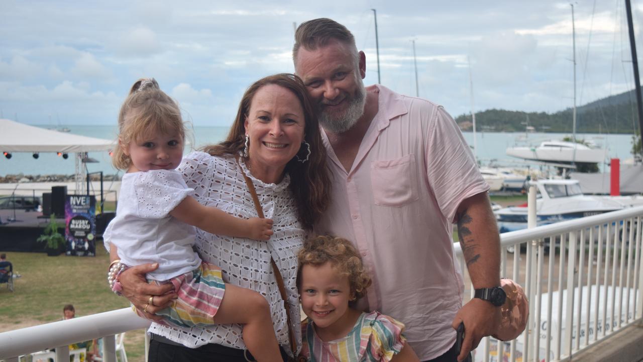 Mackenzie (2), Renee, Hayden and Maddison Jones (5) celebrated New Year at the Whitsunday Sailing Club. Picture: Laura Thomas