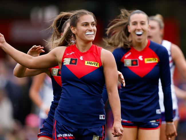 MELBOURNE, AUSTRALIA - OCTOBER 28: Eliza West of the Demons celebrates a goal during the 2023 AFLW Round 09 match between The Melbourne Demons and The Fremantle Dockers at Casey Fields on October 28, 2023 in Melbourne, Australia. (Photo by Dylan Burns/AFL Photos via Getty Images)