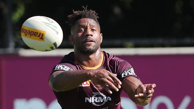 James Segeyaro training with the Broncos in 2019. Picture: Peter Wallis