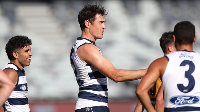 GEELONG, AUSTRALIA - FEBRUARY 23: Jeremy Cameron of the Cats reacts during the AFL Match Simulation between Geelong Cats and Hawthorn Hawks at GMHBA Stadium on February 23, 2023 in Geelong, Australia. (Photo by Kelly Defina/Getty Images)