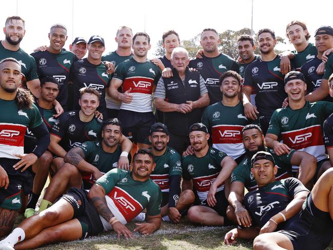 DAILY TELEGRAPH - 12/4/23MUST NOT PUBLISH BEFORE CHECKING WITH PIC EDITOR - South Sydney NRL side hold their final training at Redfern Oval before moving to a new location in Maroubra. Souths legend George Piggins (centre) in the team huddle after training. Picture: Sam Ruttyn