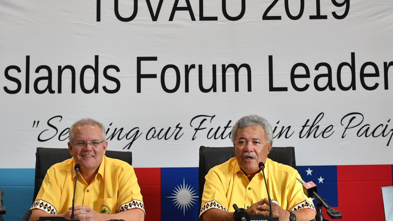 Australia's Prime Minister Scott Morrison and then Tuvalu PM Enele Sopoaga at the Pacific Islands Forum in August. Picture: Mick Tsikas.