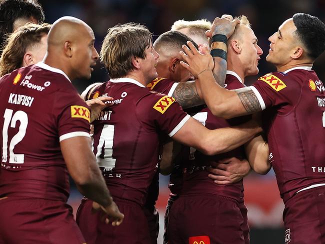 SYDNEY, AUSTRALIA - JUNE 08:  Daly Cherry-Evans of the Maroons celebrates with his team after scoring a try during game one of the 2022 State of Origin series between the New South Wales Blues and the Queensland Maroons at Accor Stadium on June 08, 2022, in Sydney, Australia. (Photo by Mark Kolbe/Getty Images)