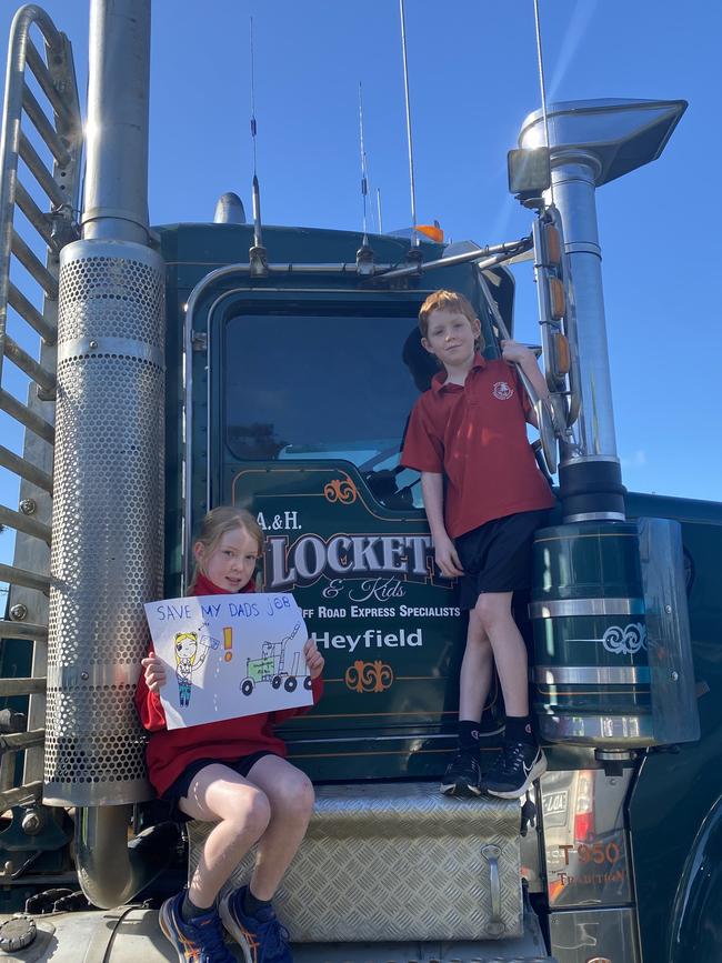 Indiana Lockett, with younger brother Angus, on their dad's logging truck at Heyfield.