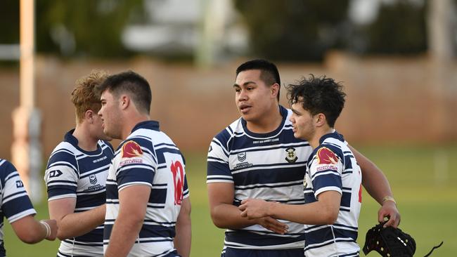 St Marys College players Xavier Va'a (centre) and Angus Wright (right) celebrate the win against Ipswich SHS in Langer Cup schoolboys rugby league at Toowoomba Sports Ground, Wednesday, August 5, 2020. Picture: Kevin Farmer