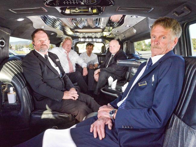 ADELAIDE, AUSTRALIA - AUGUST 3, 2023: Limousine drivers are calling for new SA legislation around their vehicles. L-R: Andrew Belham from Silver Crest Limousines, Peter Liebich from Liebich Red Limousines (0418836911), Asghar Yosufi from Hummer SA, Allan Aspinall from All Occasion Limousines and Peter Klar from P & K Limousines inside a Hummer. Picture: Brenton Edwards