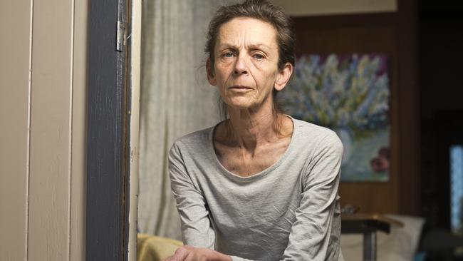 Kylie Kilroy at home after being kicked out of a privately run aged care home. Picture: Kevin Farmer