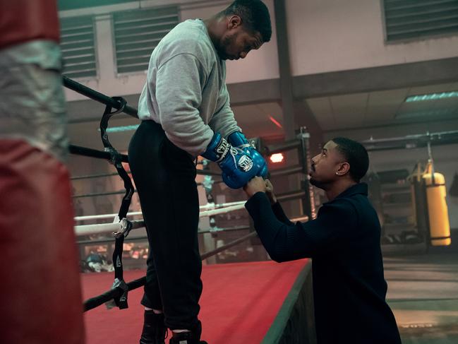 Jonathan Majors stars as Damian Anderson and Michael B. Jordan as Adonis Creed in Creed III