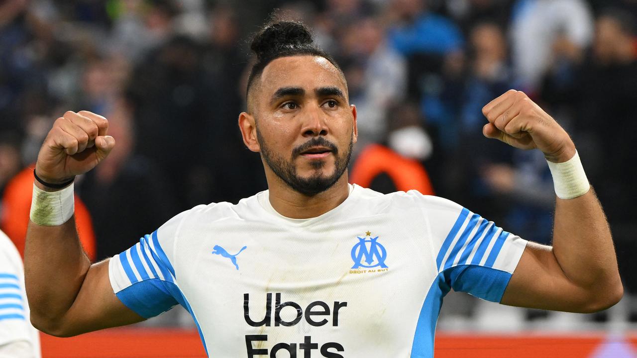Marseille's French midfielder Dimitri Payet celebrates scoring a goal during the Europa Conference League quarterfinal match between Olympique de Marseille (OM) and PAOK Saloniki at the Velodrome stadium in Marseille, southern France on April 7, 2022. Nicolas TUCAT / AFP (Photo by Nicolas TUCAT / AFP)