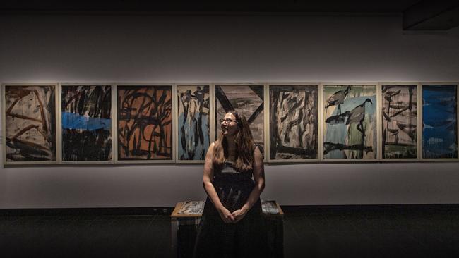 Director Niomi Sands in front of a Robert Moore work at the official opening of the redevelopment of the Grafton Regional Gallery.