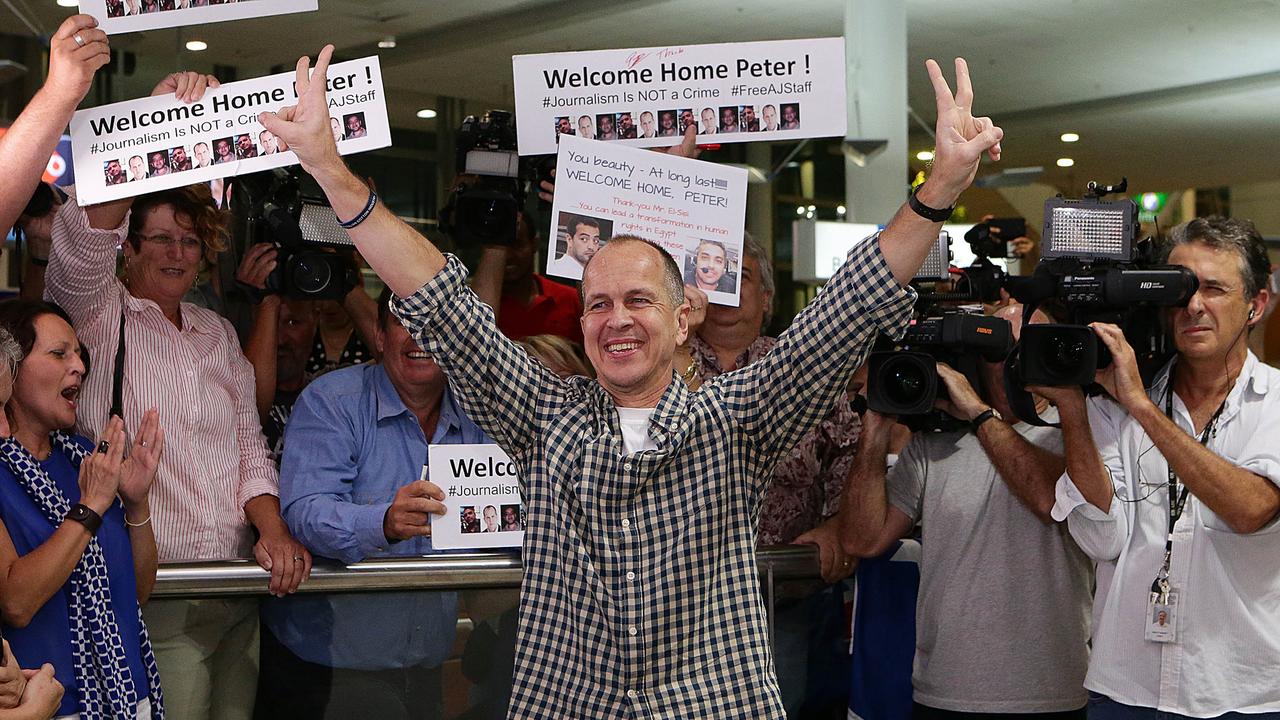 Peter Greste, arrives back in Brisbane a free man after being released from an Egyptian prison. Photo: Marc Robertson.
