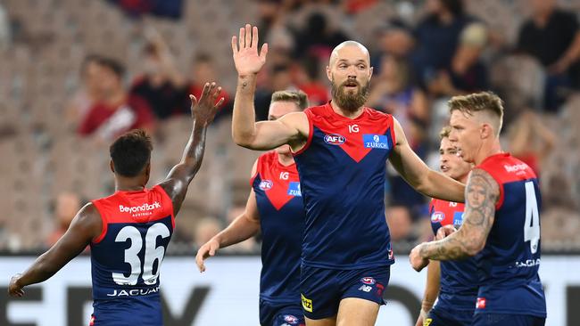 Max Gawn celebrates one of his two goals. Picture: Quinn Rooney/Getty Images