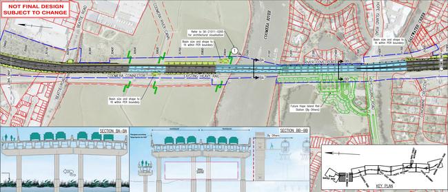 Plans for the Coomera Connector showing the alignment of the proposed road where it passes the proposed Hope Island train station and crosses the Coomera River. Picture: TMR