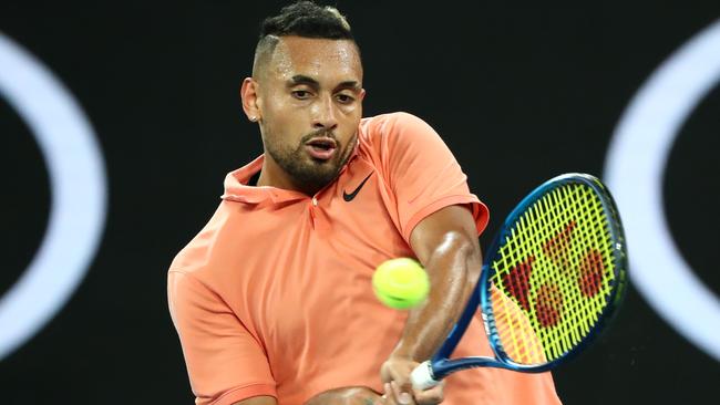 Nick Kyrgios revved up his ongoing row with world no 1 Rafael Nadal by mimicking his on-court mannerisms. Picture: Getty Images