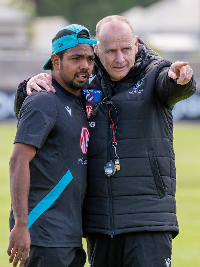 New Port recruit Junior Rioli with coach Ken Hinkley. Picture: NCA NewsWire / Naomi Jellicoe