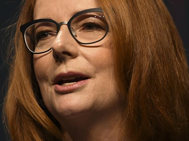 Former Australian prime minister Julia Gillard reacts during the National Apology to victims and survivors of Institutional Child Sexual Abuse at Parliament House in Canberra, Monday, October 22, 2018. (AAP Image/Lukas Coch) NO ARCHIVING