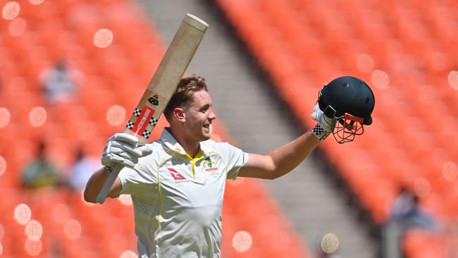 Cameron Green celebrates his maiden Test century. Picture: AFP