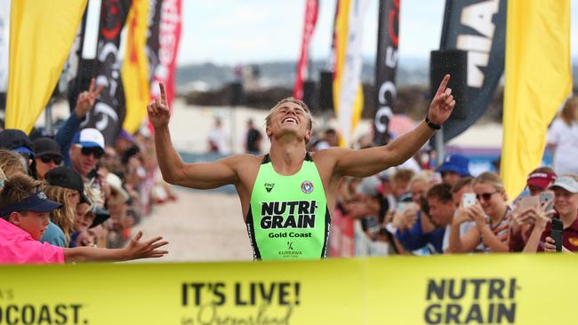 Matt Bevilacqua celebrates winning the 2019 Coolangatta Gold on October 13, 2019 in Coolangatta, Australia. (Photo by Chris Hyde/Getty Images)