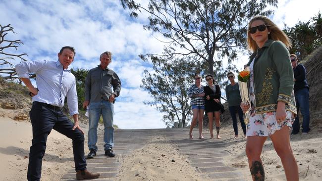 Cr Adam Belot, Cr Pat Eastwood, Clair Fitzpatrick discuss a safer alternative to the current Bangalee access to Farnborough Beach.