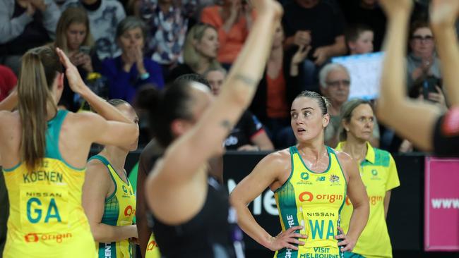 AUCKLAND, NEW ZEALAND - OCTOBER 23:  Liz Watson of Australia  looks on as the Silver Ferns thanks the crowd during game four of the 2023 Constellation Cup series between New Zealand Silver Ferns and Australia Diamonds at Spark Arena on October 23, 2023 in Auckland, New Zealand. (Photo by Fiona Goodall/Getty Images)