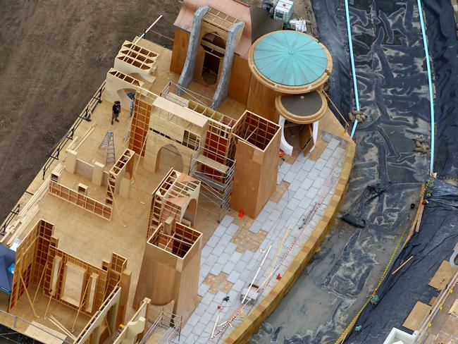 One of the majestic Thor: Ragnarok sets under construction during filming on the Gold Coast. Workers who help build the sets have been snapped up by Disney to work on Mulan in New Zealand. Picture: David Clark