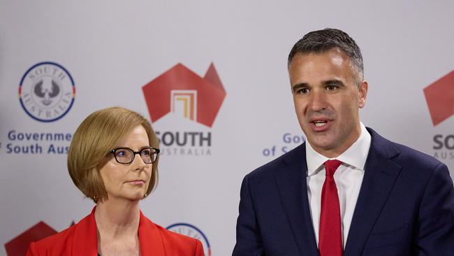 Royal commissioner and former prime minister Julia Gillard with SA Premier Peter Malinauskas. Picture: MATT LOXTON