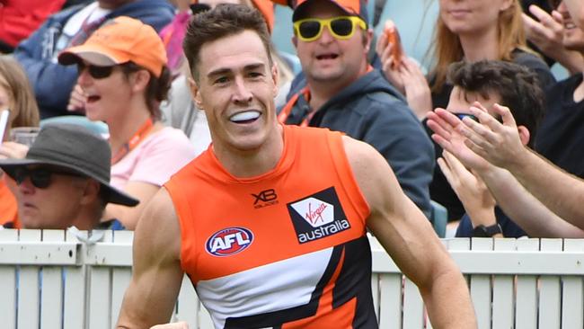 Jeremy Cameron celebrates a goal against the Bulldogs. Picture: AAP