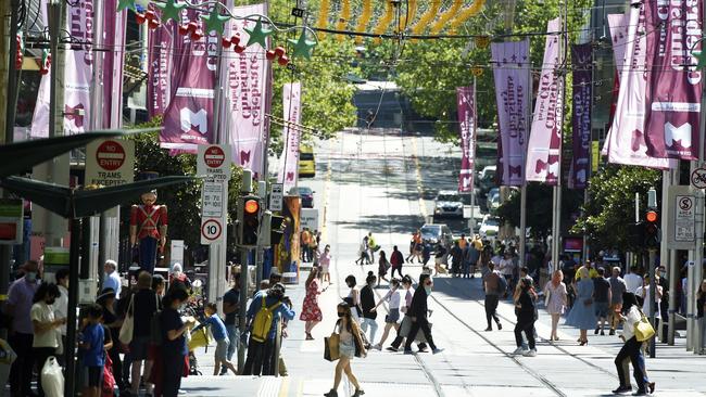 Higher rates of voluntary job turnover in some sectors ‘could in time lead employers to offer higher wages to retain their workers’, the RBA minutes say. Above, shoppers in Bourke Street Mall in Melbourne on Tuesday. Picture: NCA NewsWire / Andrew Henshaw