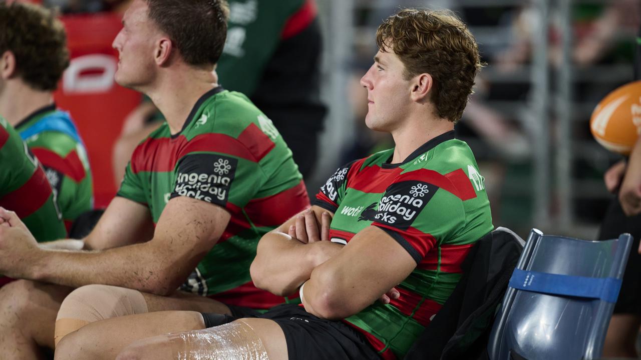 SYDNEY, AUSTRALIA - APRIL 04: Jamie Humphreys of the Rabbitohs is pictured on the bench with an injury during the round five NRL match between South Sydney Rabbitohs and Sydney Roosters at Accor Stadium, on April 04, 2025, in Sydney, Australia. (Photo by Brett Hemmings/Getty Images)