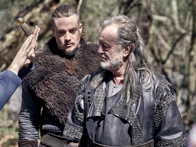 The Last Kingdom Series 3 Episode 7 Alexander Dreymon as Uhtred and Bernard Cornwell as Dane Behind the scenes Adrienn Szabo