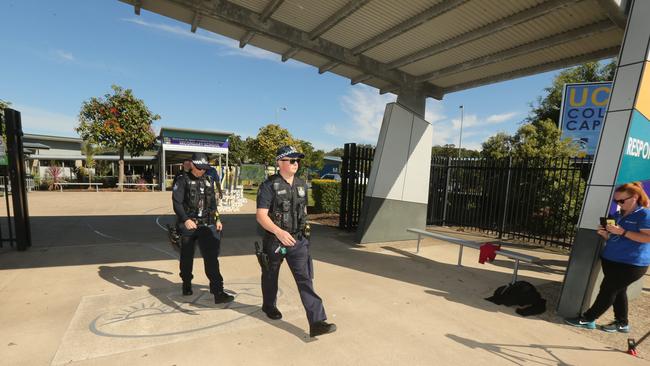 Police at Upper Coomera State College after the school went into lockdown over social media threats. Picture Mike Batterham