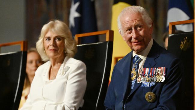 Queen Camilla and King Charles III attend the ceremonial welcome and Parliamentary reception at the Australian Parliament House on October 21, 2024, in Canberra, Australia. Picture: Victoria Jones - Pool/Getty Images