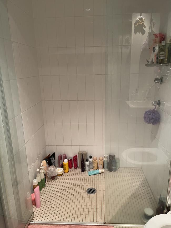 It was a total mess but I couldn’t install most shower caddies in a rental apartment. Picture: Supplied/news.com.au