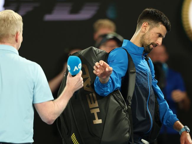 MELBOURNE, AUSTRALIA - JANUARY 19: Novak Djokovic of Serbia leaves Rod Laver Arena after speaking to the crowd following victory against Jiri Lehecka of the Czech Republic in the Men's Singles Fourth Round match during day eight of the 2025 Australian Open at Melbourne Park on January 19, 2025 in Melbourne, Australia. (Photo by Cameron Spencer/Getty Images)