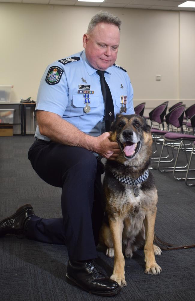 Police Dog Sacco with handler Sergeant Jeff Brandt at the Queensland Police Awards on Wednesday, July 10, 2024. Picture: Aden Stokes