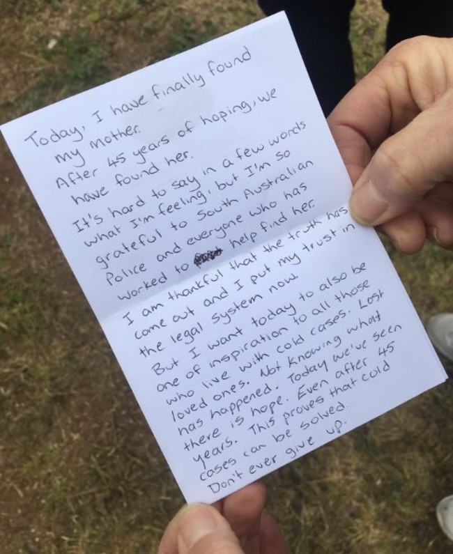 The hand-written statement from Kaye, the daughter of murder victim Colleen Adams.